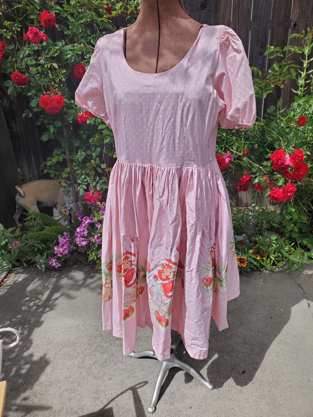 Sarsparilly Strawberry Shortcake Dress Pink Puff Sleeve Floral Border Midi Dress